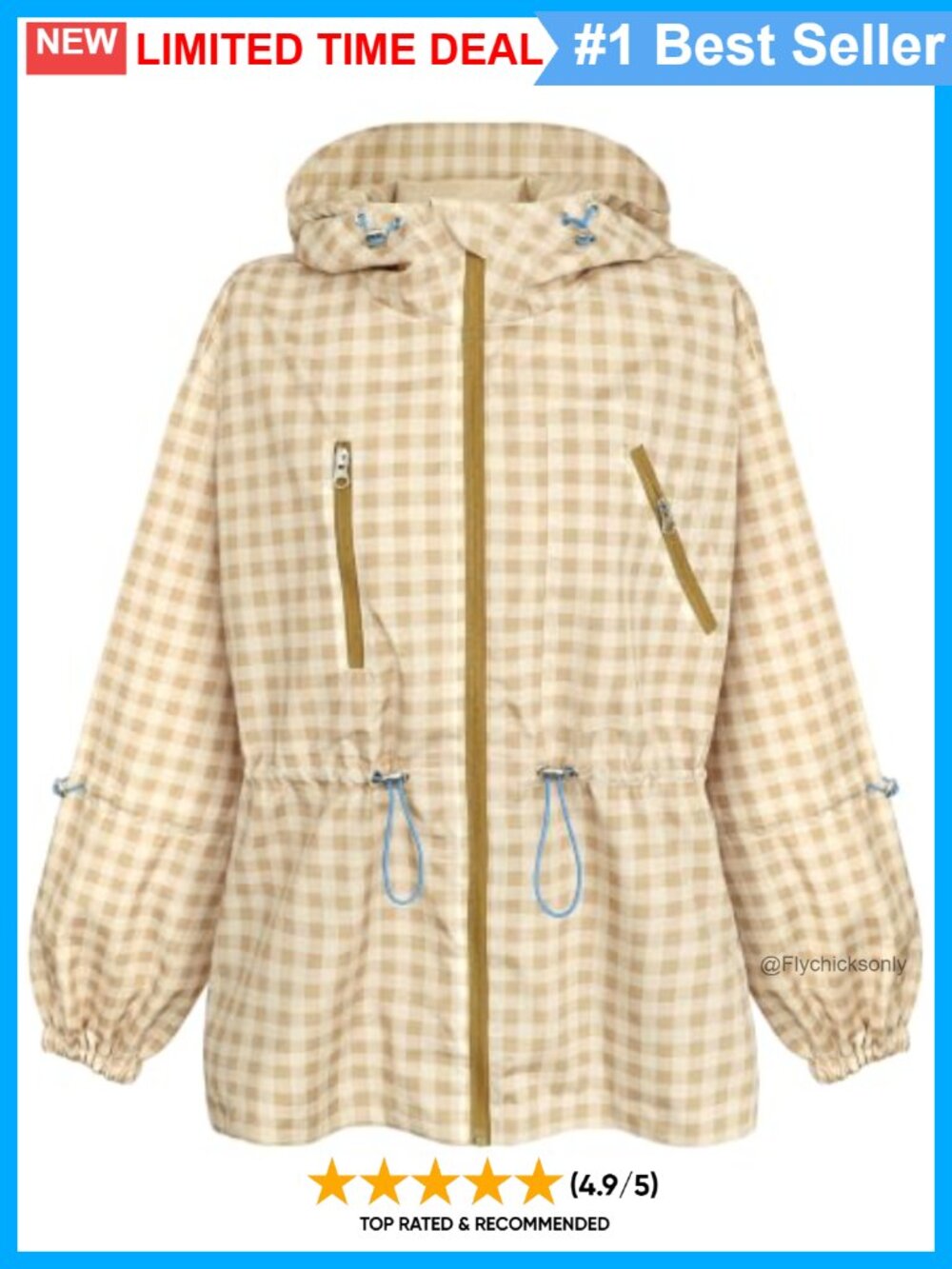 Womens Lightweight Plaid Hooded Windbreaker Jacket Drawstring Waist
